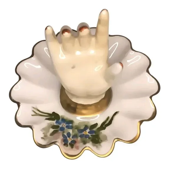 Vintage 1967 Miniature Porcelain Hand Painted Ring Holder Dish Blue Flowers 3.5