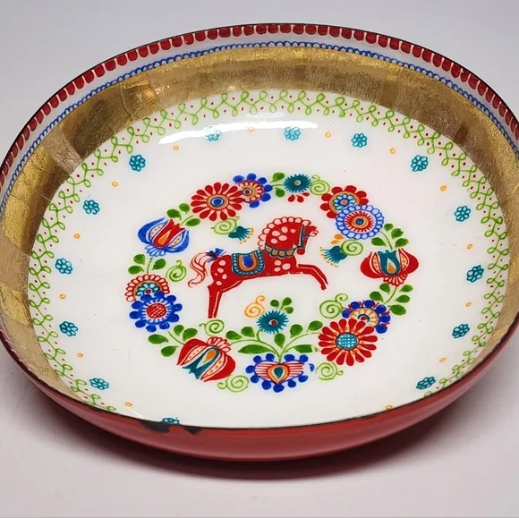 Enameled Dish Trinket Folk Art Dala Horse Mid Century Austria Metal Tray 3.75