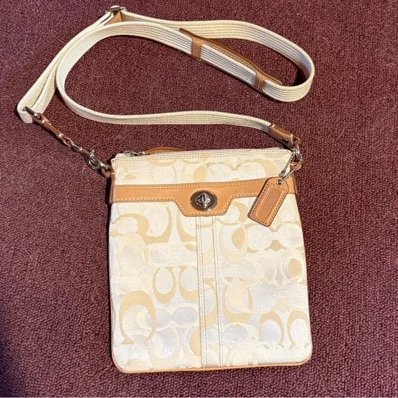 Coach Cream Signature Crossbody Bag with Tan Trim