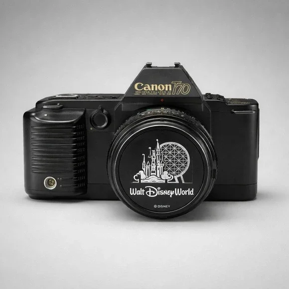 Canon T70 SLR Film Camera 50mm Lens Black Fair Missing Battery Door Disney Cap