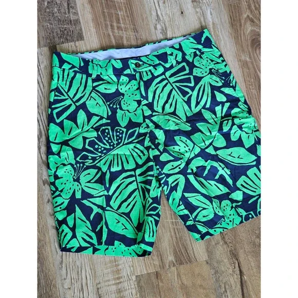 Polo Golf Ralph Lauren Mens 32 Green Navy Tropical Floral Leaf Shorts Stretch