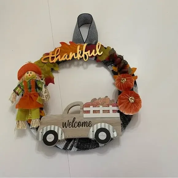 Handmade Fall Harvest Thankful Scarecrow Wreath