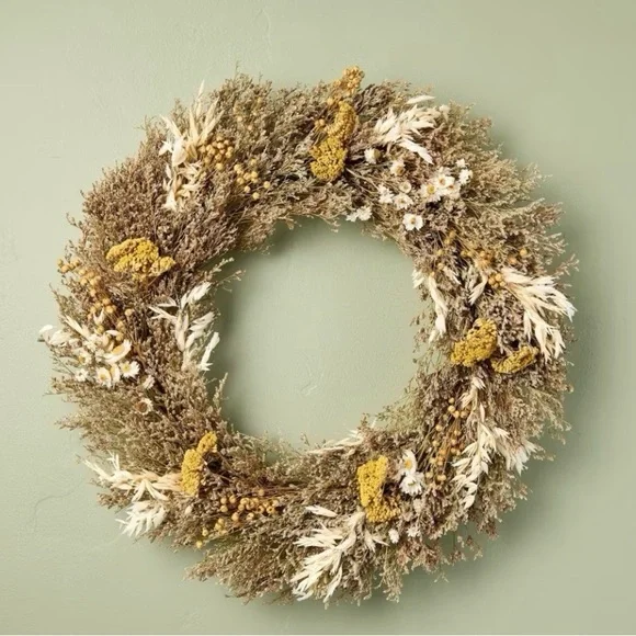 Hearth & Hand Preserved 21” Wreath -Natural Dried Foliage, Yellow/Cream Flowers