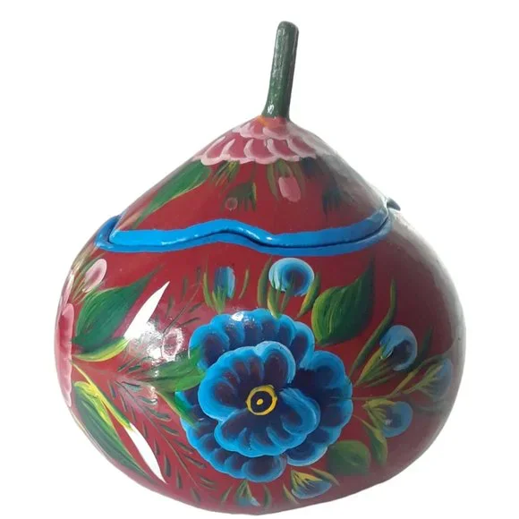 Hand painted Floral Gourd Trinket Jewelry Box with Lid