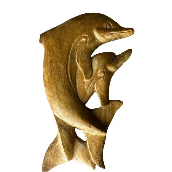 Hand Carved Wood Wall Dolphin Pair Sculpture Nautical Coastal Home Decor