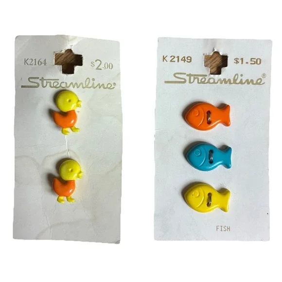 Streamline Fish Ducks Buttons Orange Yellow Two Sets France Spain Vintage NEW