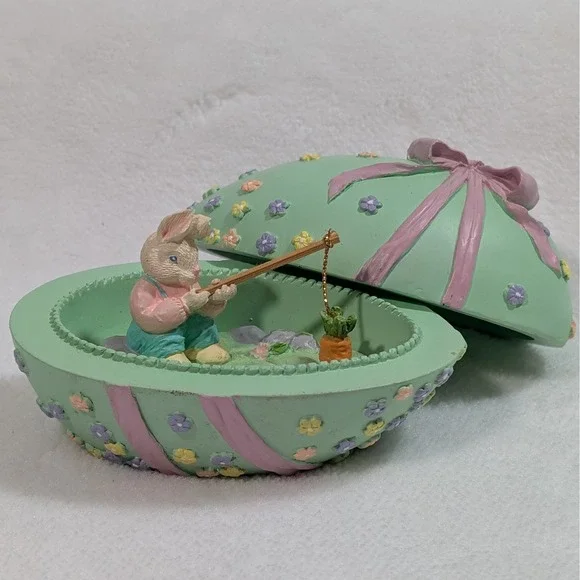 Vintage 90s Easter Egg Bunny Fishing Figurine Pastel Bow Knick Knack Decor Opens