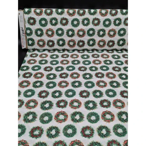 7 Yard Fabric Material Lot Christmas Wreaths on White Durable Cotton 44in JoAnn