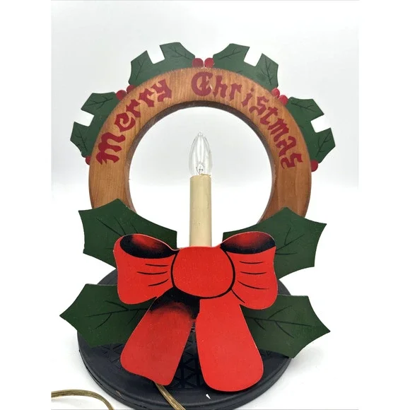 Vintage Working Hand Carved Wooden Christmas Wreath With Light