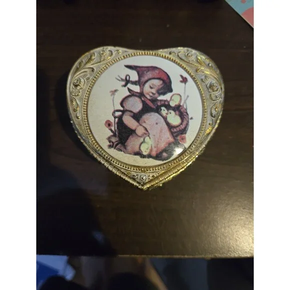Distressed Metal Heart Shaped Trinket Box Hummel Girl Red Lining Made In Japan