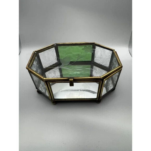 1980's Octagonal Glass Jewelry Box with brass tone frame Etched