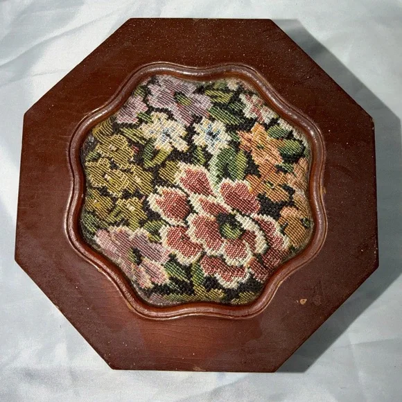 Vintage Octagon Wood Jewelry Box | Floral Needlepoint Lid & Mirror