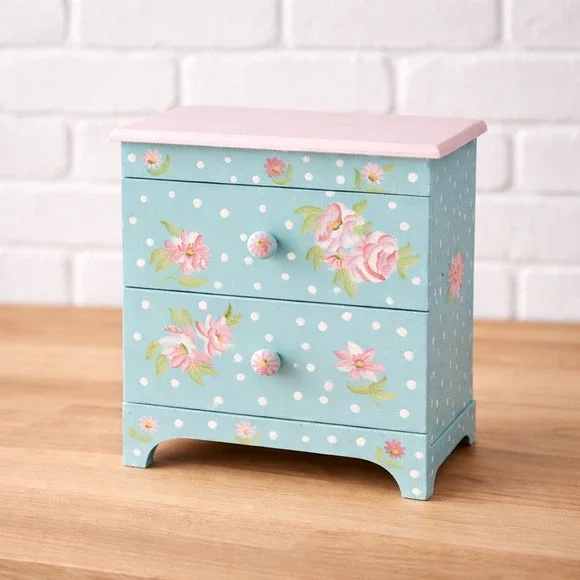 Vintage 90s Hand‎ Painted Wood Jewelry Box Teal Pink Floral Mini Dresser 9 x 7.5