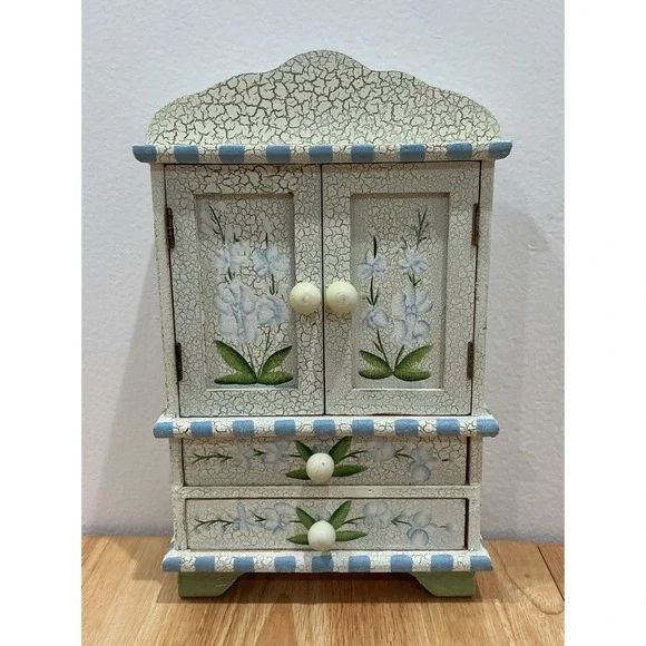 Floral Wooden Armoire Chest Jewelry Keepsake Box‎ 2 Drawers Magnetic Close Doors