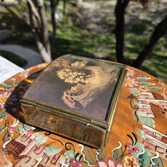 VTG Enesco Bride‎ Brass Trinket Box Hand Crafted Glass Made In MEXICO MCM