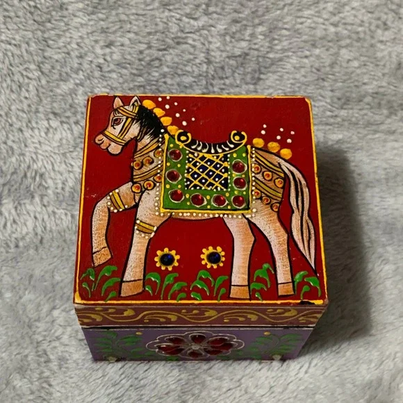 World Market Hand Painted Horse Jewelry Trinket Box Mango Wood India Gem Accents