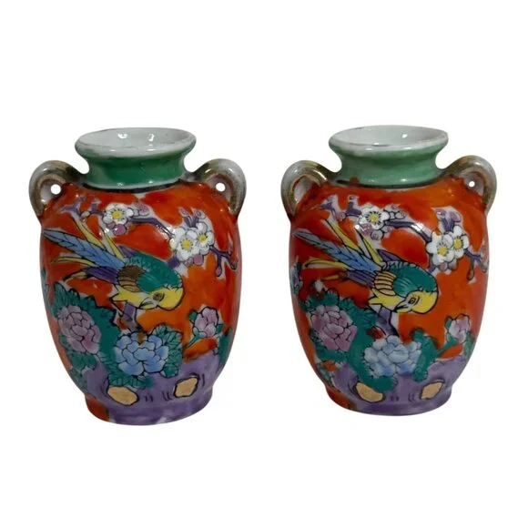 TWO Vintage Gold Castle Chikusa Hand-Painted Vases Flowers Birds Made In Japan