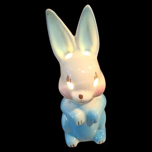 Vintage Porcelain Bunny Rabbit TV Lamp Blue White Light Easter Spring Decor