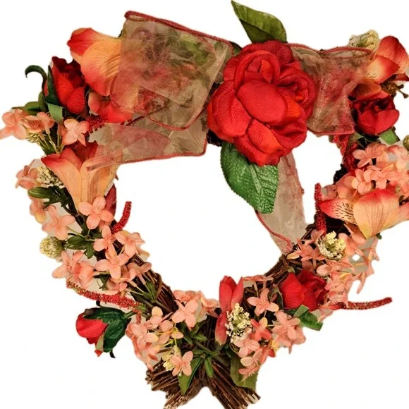 Vintage Avon Gift Collections Spring Heart Wreath Red Pink Flowers Hanging Decor