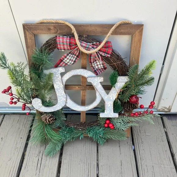 Rustic farmhouse Festive Joy Holiday Wreath with Red Accents