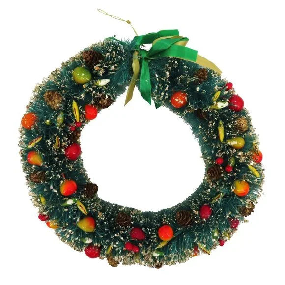 VTG Green Bottle Brush Wreath 12in Gold Flocked Multicolor Fruit Pinecone Retro