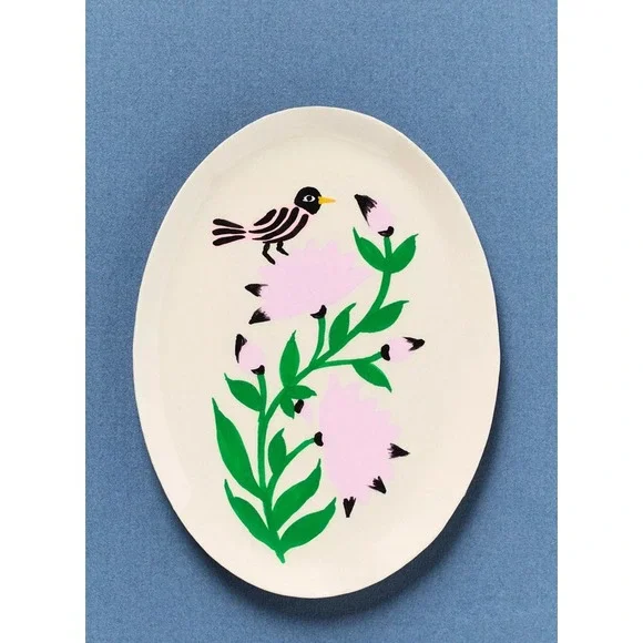 Anthropologie Enamel Cottagecore Tray‎ w Bird Flower Mini Trinket Jewelry Gift