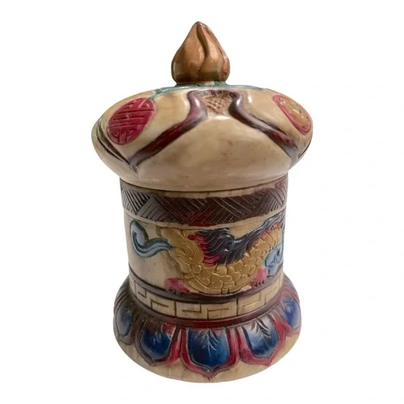 Vintage Chinese Dragon Stone Trinket Box Hand Painted Lidded Jewelry Container
