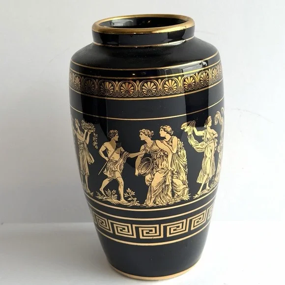 VTG Stella Greek Vase Hand Made in Greece Pottery 24K Gold Trim 7.5