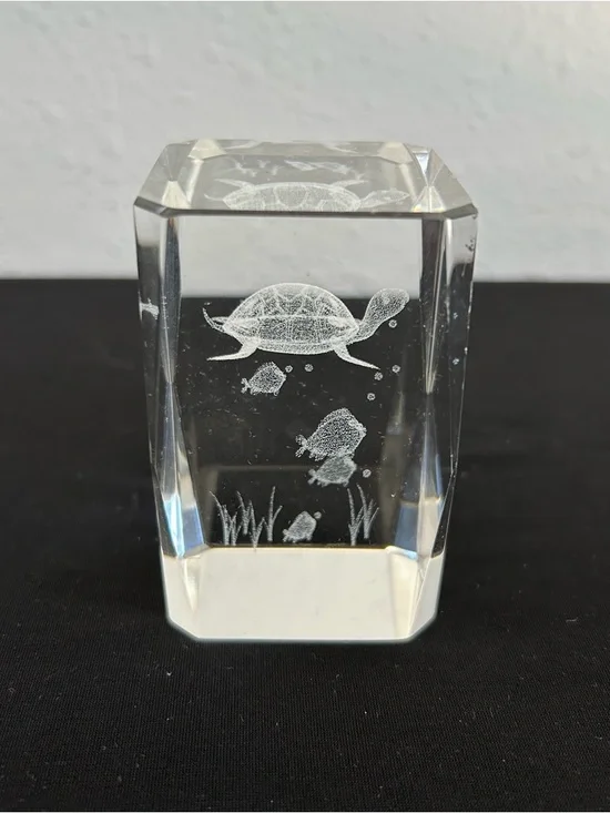 3D Laser Etched Crystal Glass Paperweight Turtle Fish Pre-owned