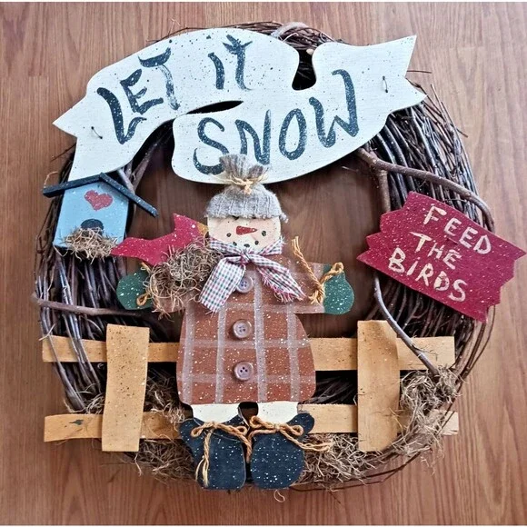 Vtg Hand Made Rustic Snowman Grapevine Wreath 