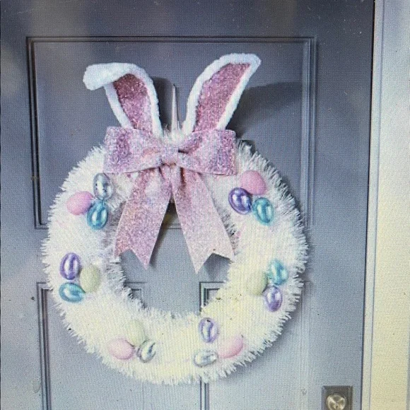 Pink Bunny Ear Easter Wreath with Pastel Eggs