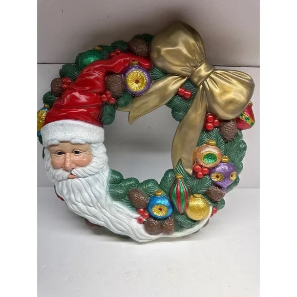 Vintage Scioto 1993 Ceramic Santa Wreath Christmas Wall Decor Gold Bow Glitter
