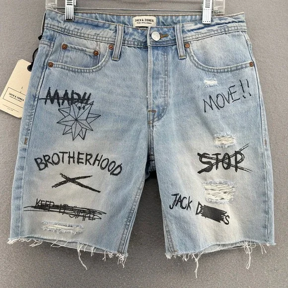 Jack & Jones Denim Shorts Graffiti Distressed Raw Hem SZ S 30