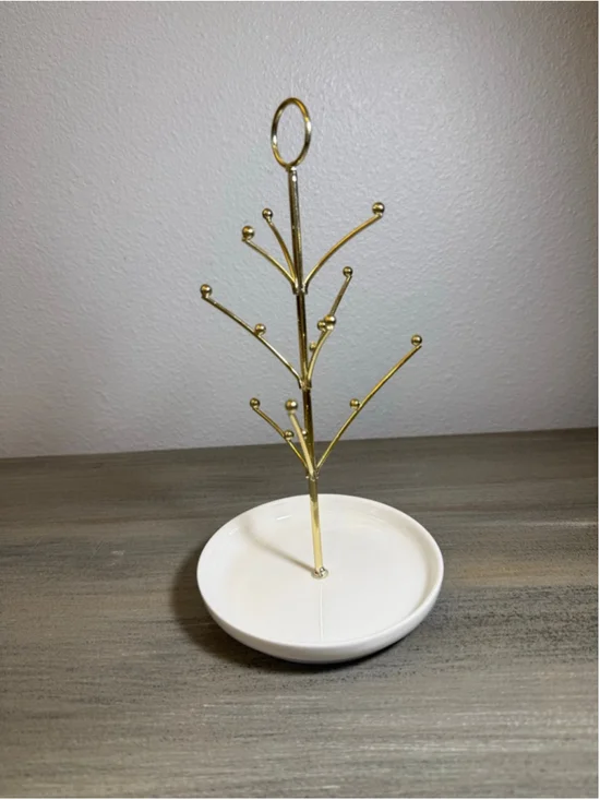 gold-colored jewelry tree stand ornament display trinket tray