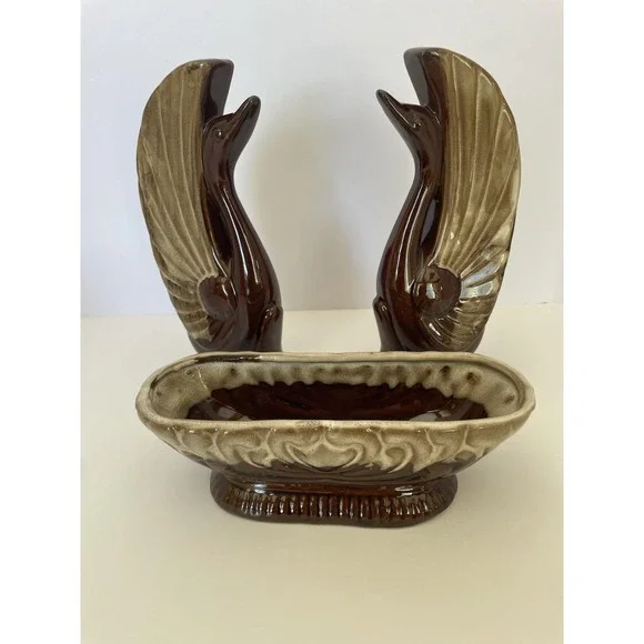 Vintage Swan Planter Set Rockingham Brown Drip Glaze‎ Console Mid Century W Box