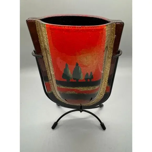 Vintage Jasmine Art Glass Vase in Metal Stand Black Gold Red Green Trees Vibrant