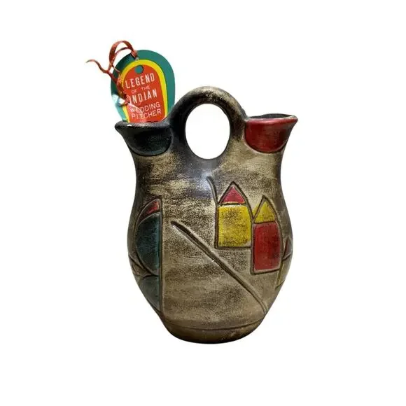 VTG Southwestern Wedding Vase Double Spout Pottery‎ Pitcher Tribal Mid Century