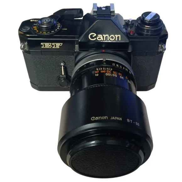 Vintage Canon EF SLR 35mm Film Camera with 135‎ mm Zoom Lens, Made in Japan