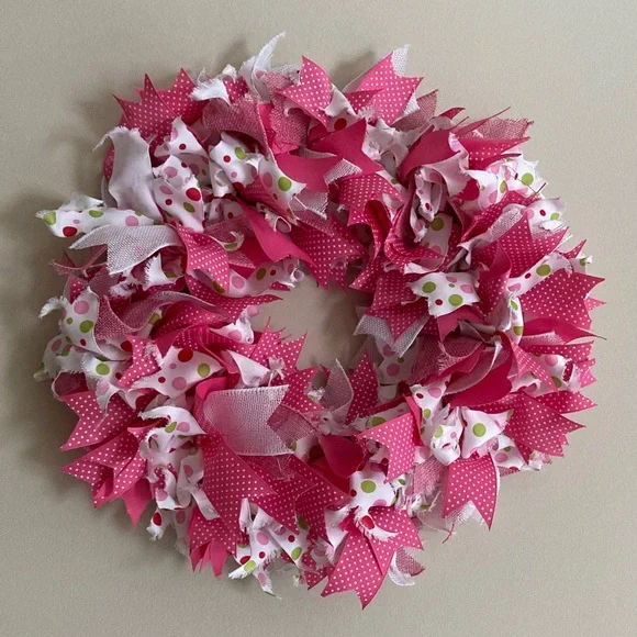 HANDMADE WREATH PINK POLKA DOT WHITE GREEN ROUND 16 inches NEW PASTEL CHIC