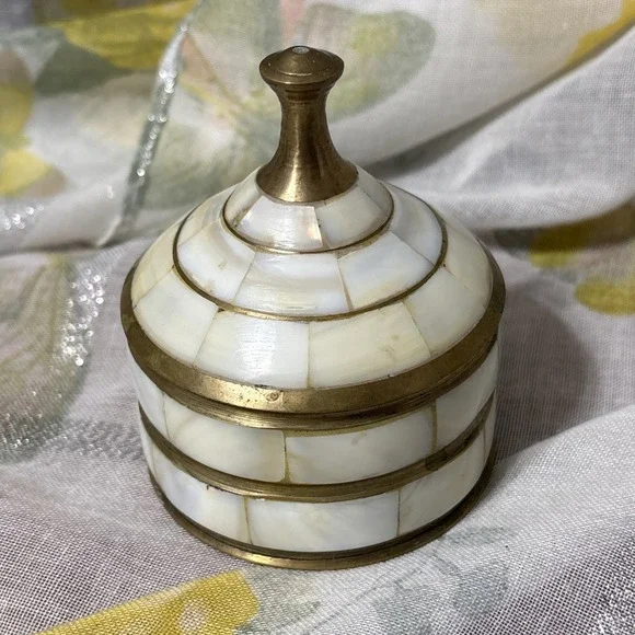 Mother Of Pearl & Gold Metal Cylindrical Jar With Lid