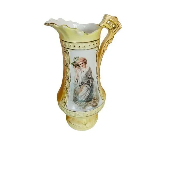 Vintage Porcelain Pitcher Transferware & Hand‎ Painted Woman Floral 8.5