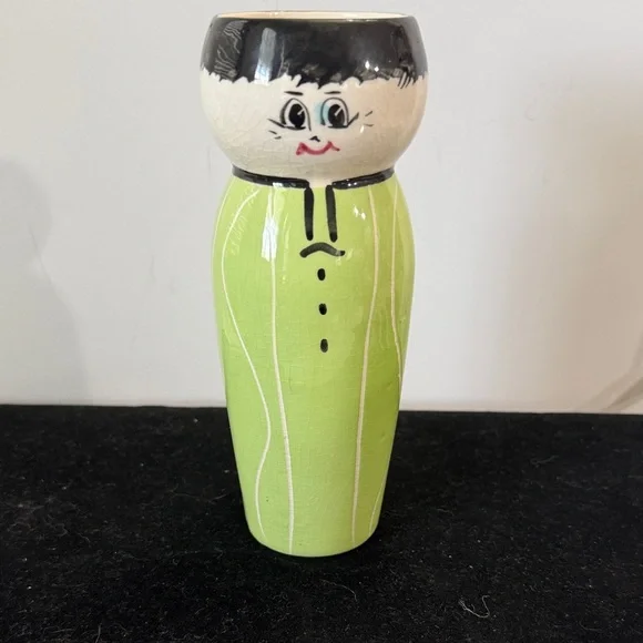 Hand-Painted Green Ceramic Painted Asian boy Vase