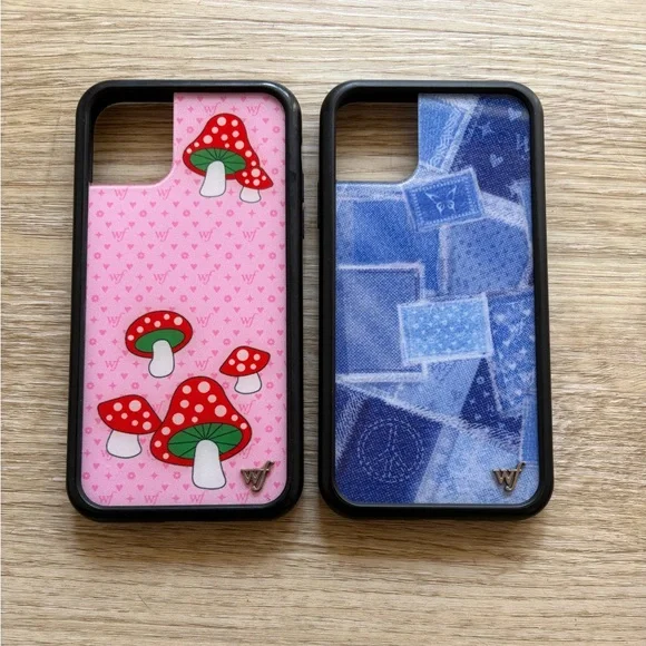 Wildflower iPhone 11 Phone Cases Shrooms on Pink and Vintage Denim Patchwork
