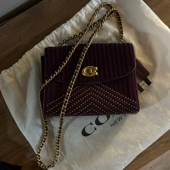Coach Purple Velvet Quilted Crossbody with Gold Chain