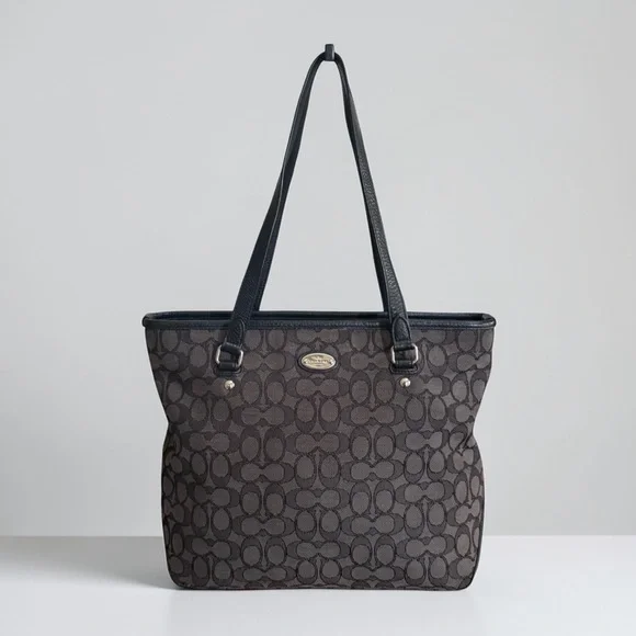 Authentic Coach Signature Black Grey Zip Top Tote Bag
