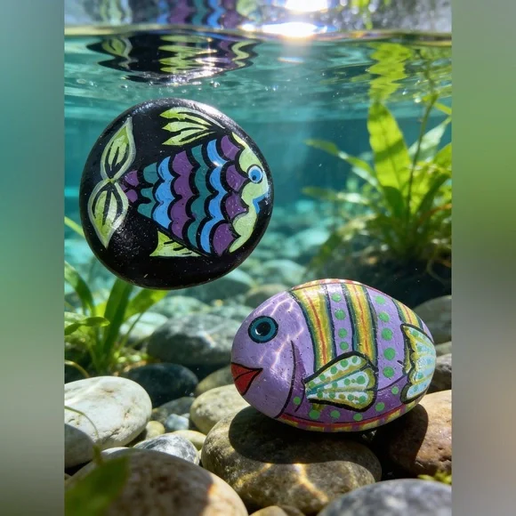 Hand crafted painted fish rocks set of 2 blue purple black yellow dots 2x2 inch