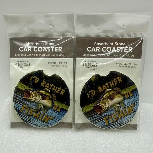 Highland Home Absorbent Stone Car Coasters I'd Rather Be Fishin' Lot of 2