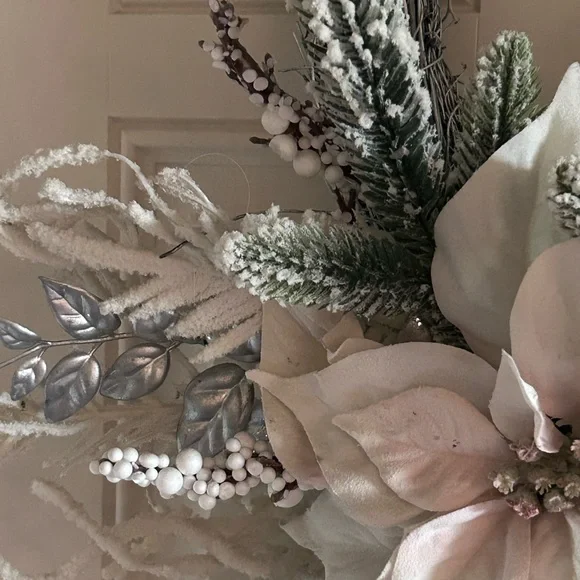 Poinsettia Winter Wreath Frosted Greenery Wall Decor