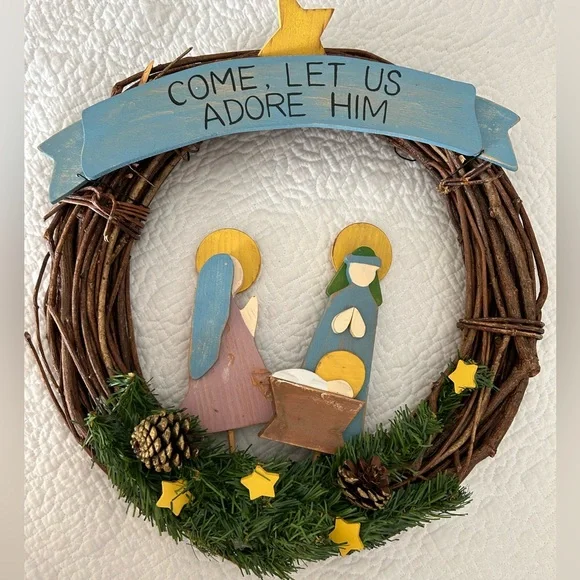 Nativity Door/Wall wreath. Grapevine & wooden figures. Ready to hang.