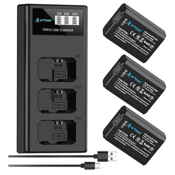 Artman 3-Pack NP-FW50 Battery and Upgraded 3-Slot LCD Charger